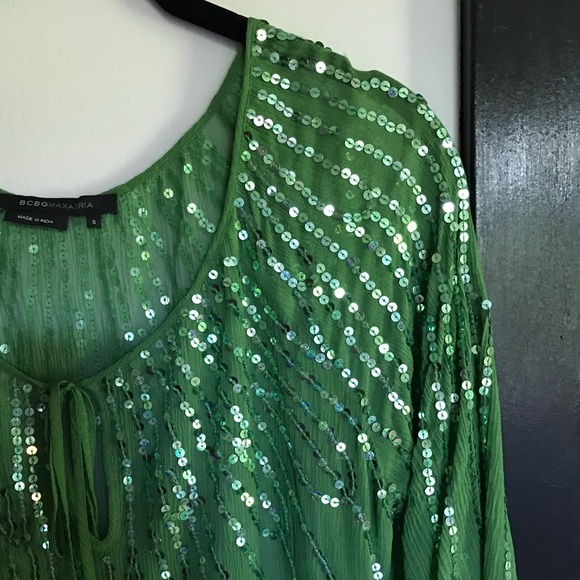 BCBG Sheer Green Sequin Boho Top - Picture 2 of 8